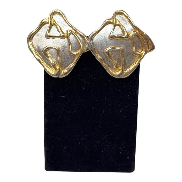 PARK LANE Vintage Modern Square Two Tone Clip On Earrings Gold Silver Abstract - Picture 2 of 8